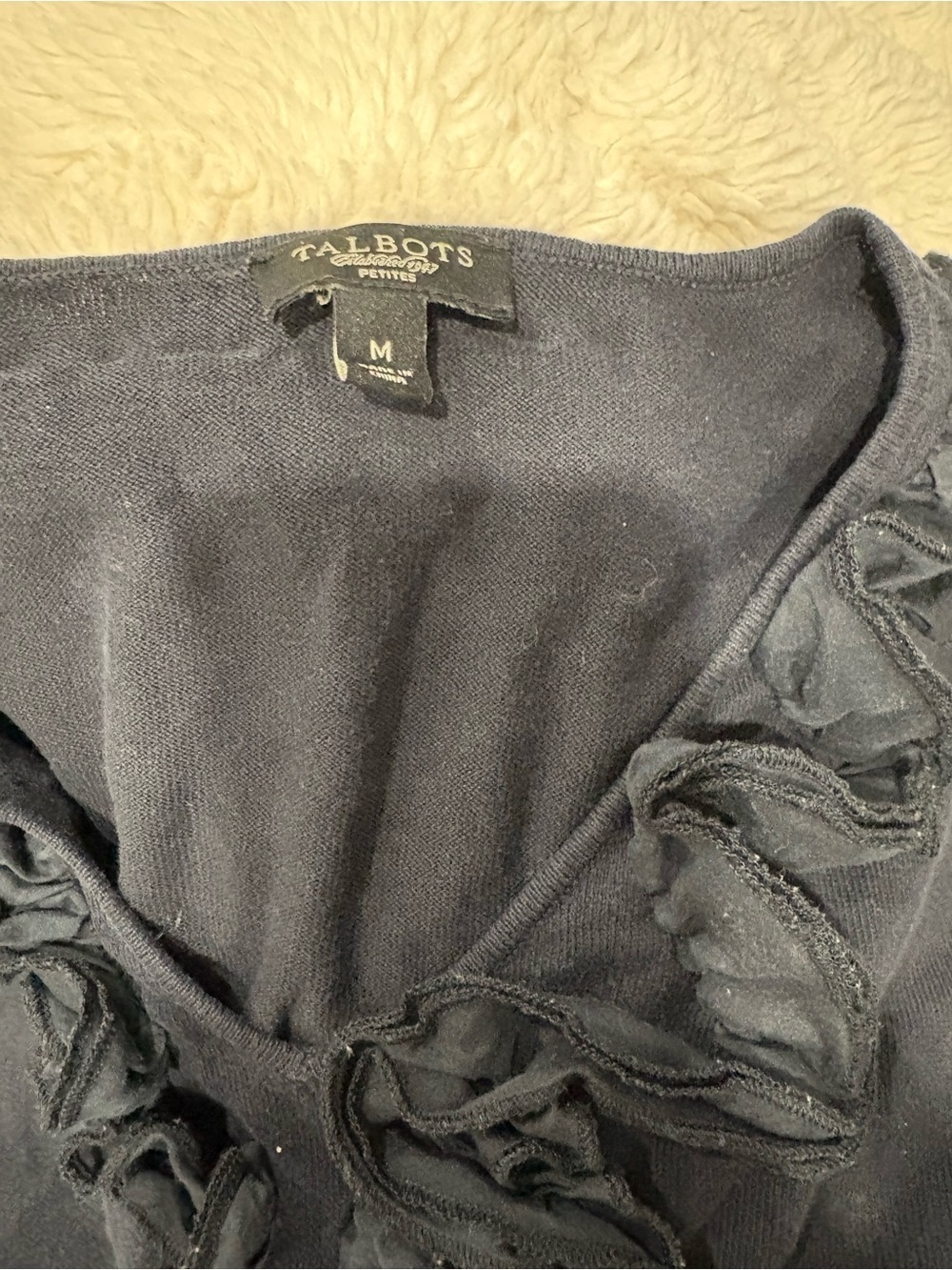 Talbots Ruffle V Neck Sweater Women Black Silk Cotton Blend Elegant Size Medium